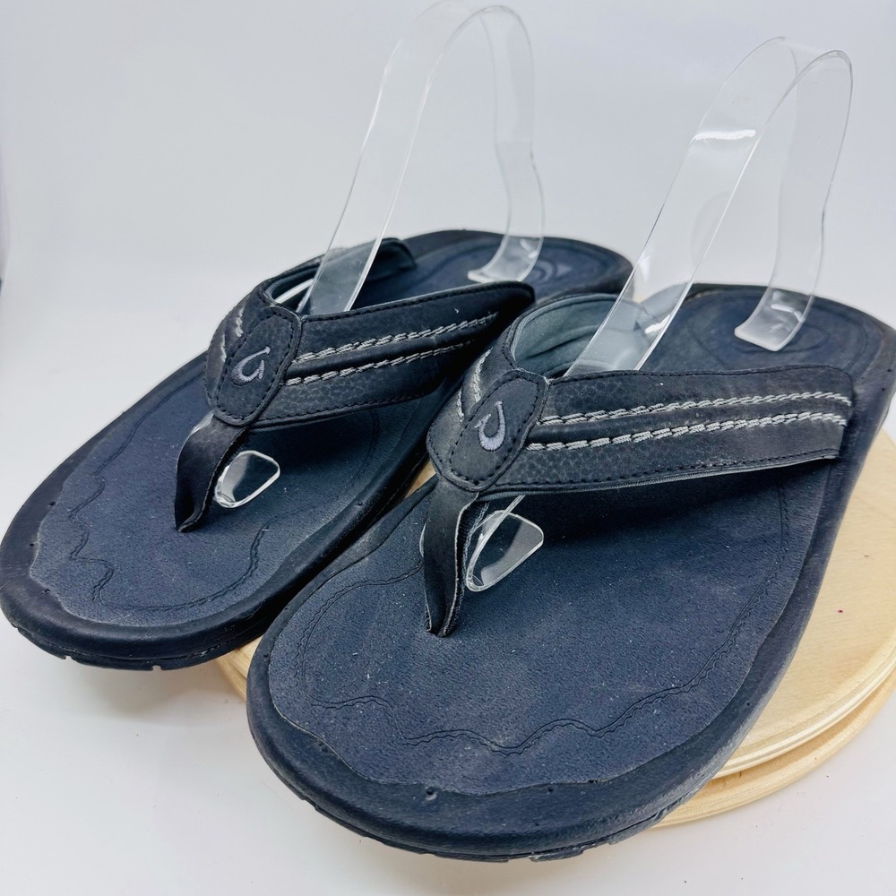 OluKai Hokua Sandals Mens 13 Black Flip Flop Thong Beach Slip On Shoes